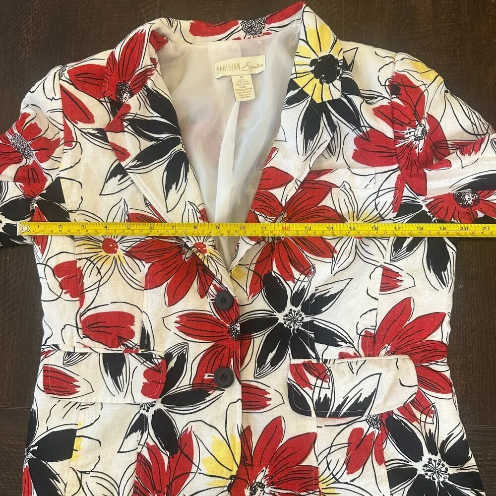 Parisian Signature Red Yellow Black Floral Linen Blend Blazer Women’s Size 10 - Picture 5 of 5